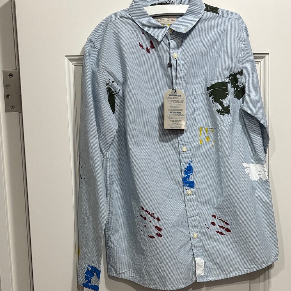 Zara boys striped Button-Down Shirt with Multicolor Paint Accents size 13-14